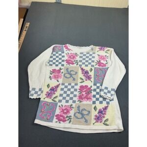 Avon Style Patchwork Floral Sweater Womens Large White Pastel Knit Grannycore